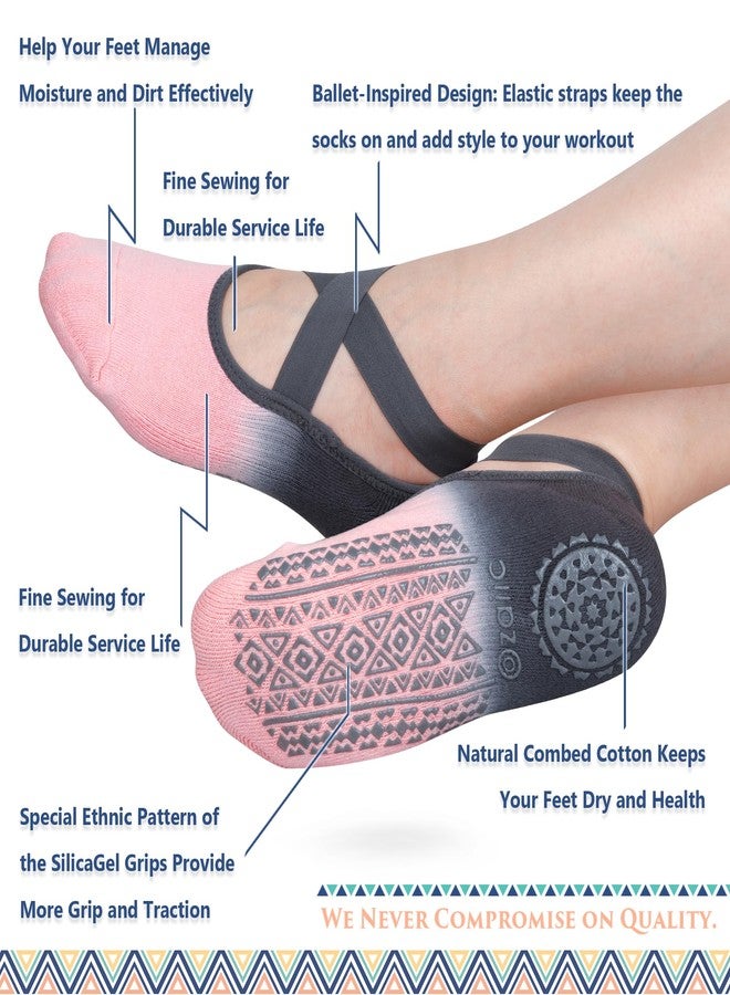 Ozaiic Pilates Socks for Women Non Slip Grip, Yoga Socks with Grippers for Barre, Hospital, Ballet, Dance, Barefoot Workout (3 Pairs- Pink/Yellow/Blue, one_size) - Image 3